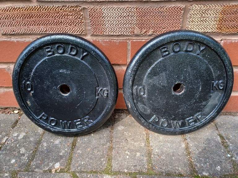 2 x 10KG CAST IRON BODY POWER WEIGHT PLATES - 1 Inch Holes