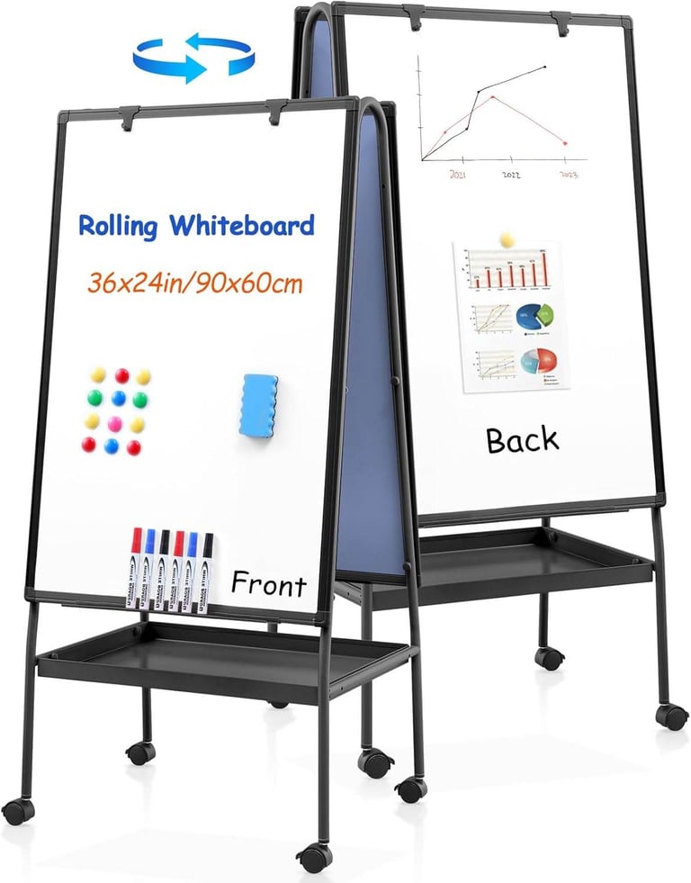 image for BRAND NEW : MAKELLO Rolling Whiteboard – 90x60cm, Double-Sided, Height Adjustable, Storage Tray