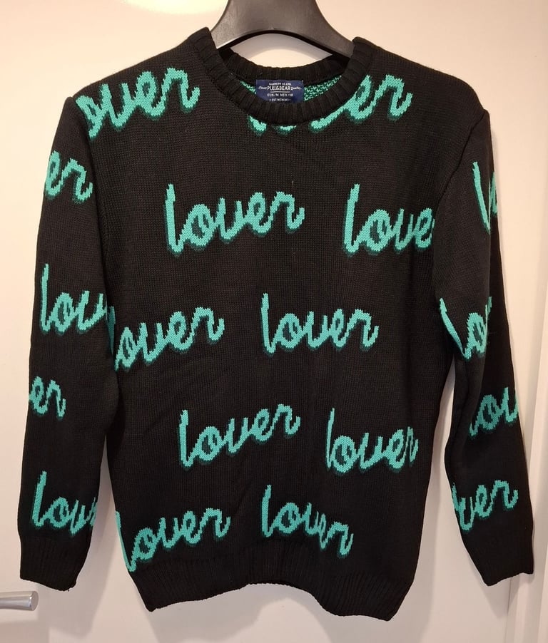 image for Mens Acrylic Crew Neck Jumper Black "Lover" Message Medium To Wear or As Present