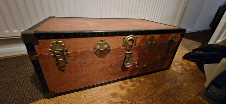 image for Large Chest / Overpond Trunk 1940s wood Metal Storage / Coffee Table 36"