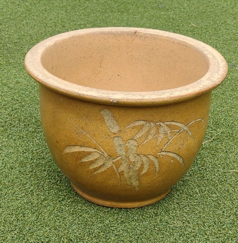 image for Lovely biscuit glazed earthenware planter with stylized fern pattern