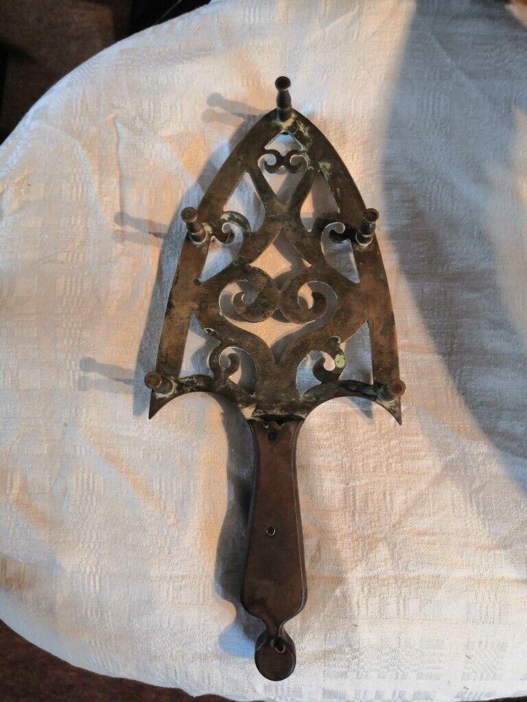 Antique/Vintage Wood & Solid Brass Iron Shape Stand/Trivet - Decor