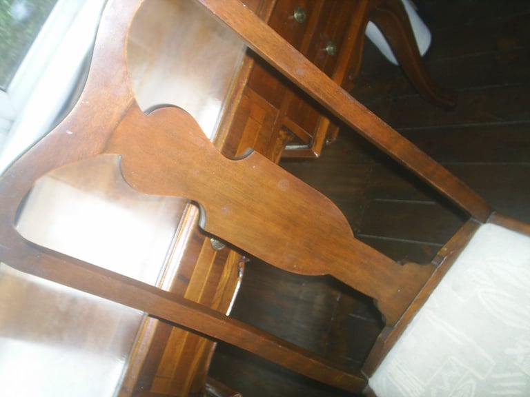 Writing Desk & Chair. Queen Ann Style 5 Drawer Walnut Desk & High Back Padded Chair 