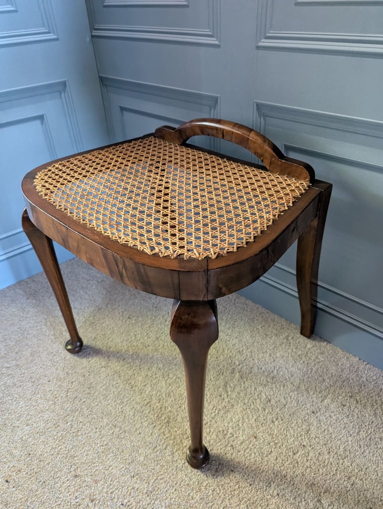 Art deco burr walnut veneer dressing table stool with cane seat 