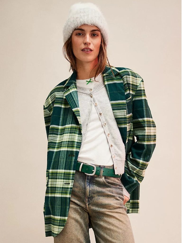 image for Free People Oversized Reggie Blazer Single Breasted Green Plaid Size XS