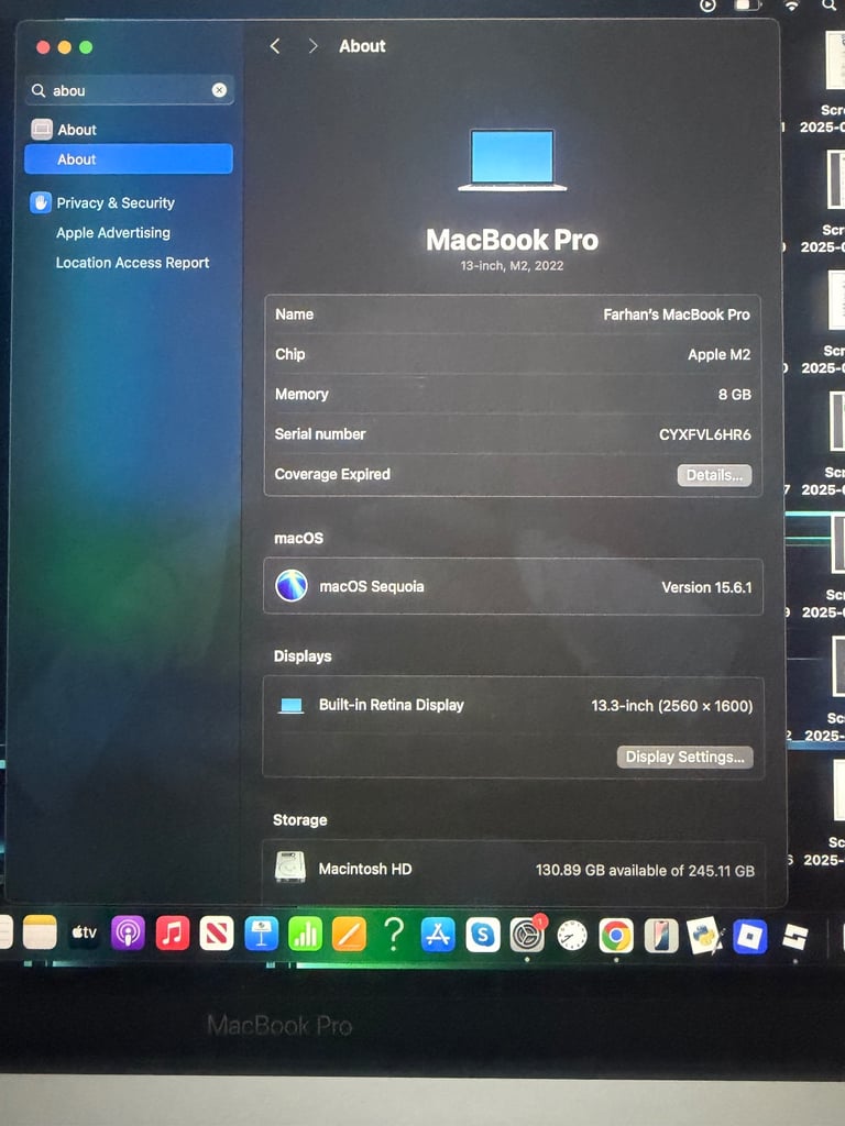 MacBook Pro 13” (M2, 2022) — 8GB/256GB — Silver — Box & Charger