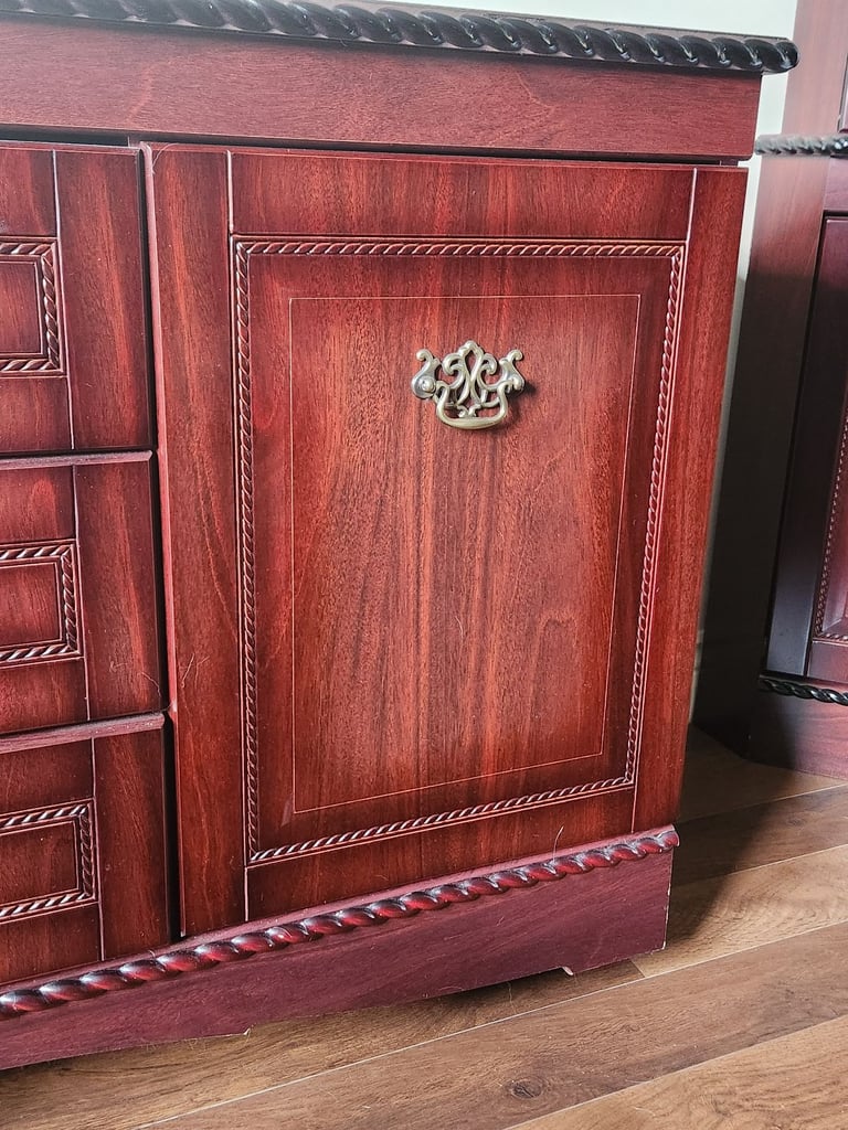 Solid Wood Mahogany Sideboard Cupboard & Drawers Unit with Carving & Brass Pulls