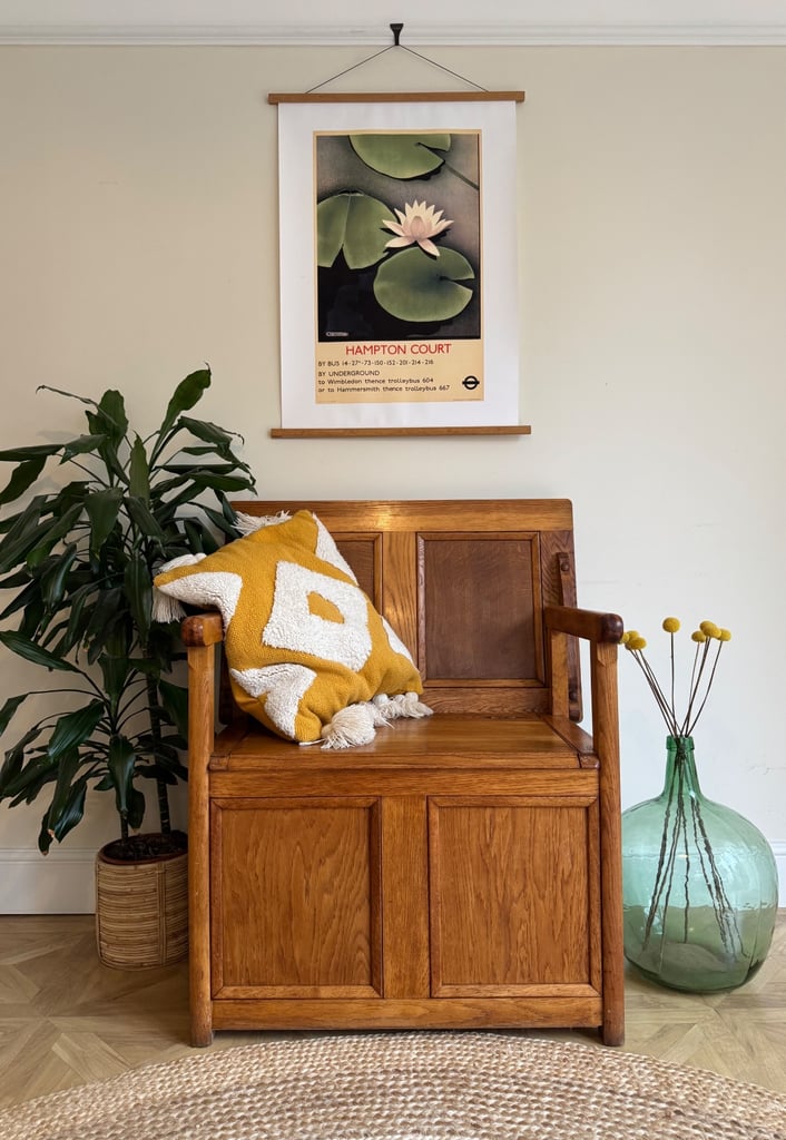 Vintage oak arts & crafts style hallway seat monks bench shoe storage console table