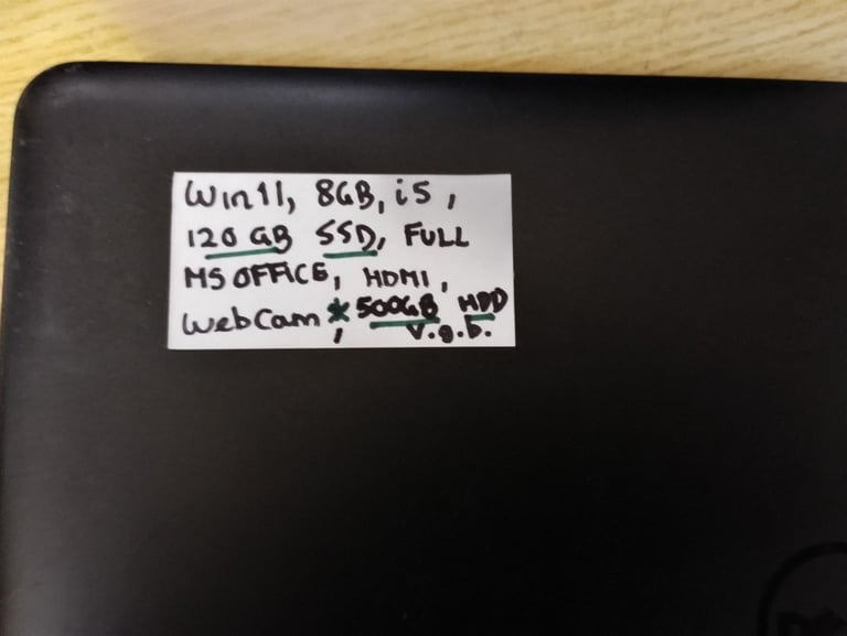 Windows 11, 8GB RAM, i5, 120GB SSD + 500GB HDD, Dell laptop. FULL MICROSOFT OFFICE, HDMI, Cam