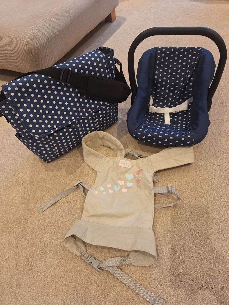 Baby doll car seat, changing bag, carrier