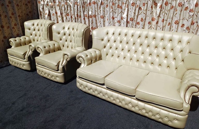 Beige Chesterfield 3 seater sofa and 2 armchairs