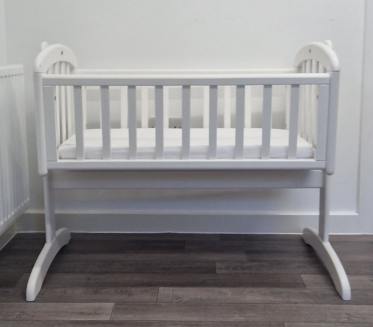 White Birch John Lewis Anna Swinging Crib Newborn Baby Wooden Cot + Mattress + Sheets