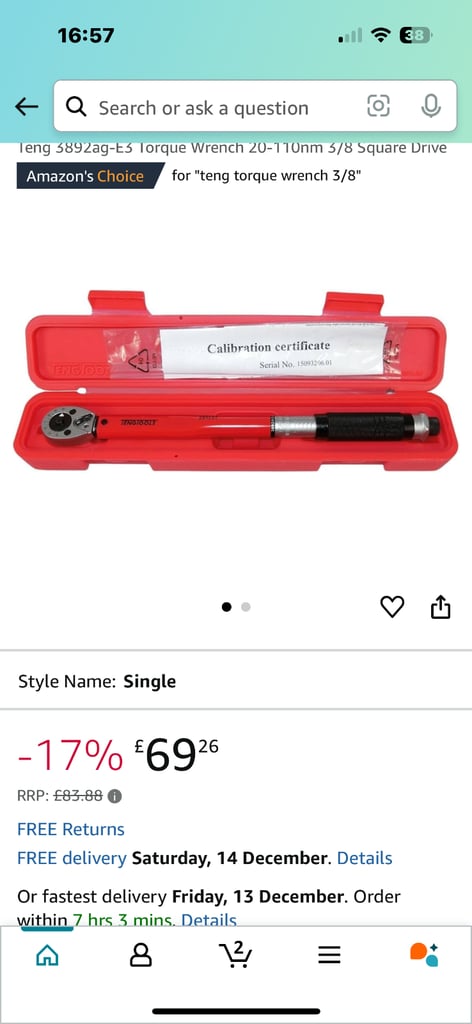 image for Teng 3892ag-E3 Torque Wrench 20-110nm 3/8 Square Drive