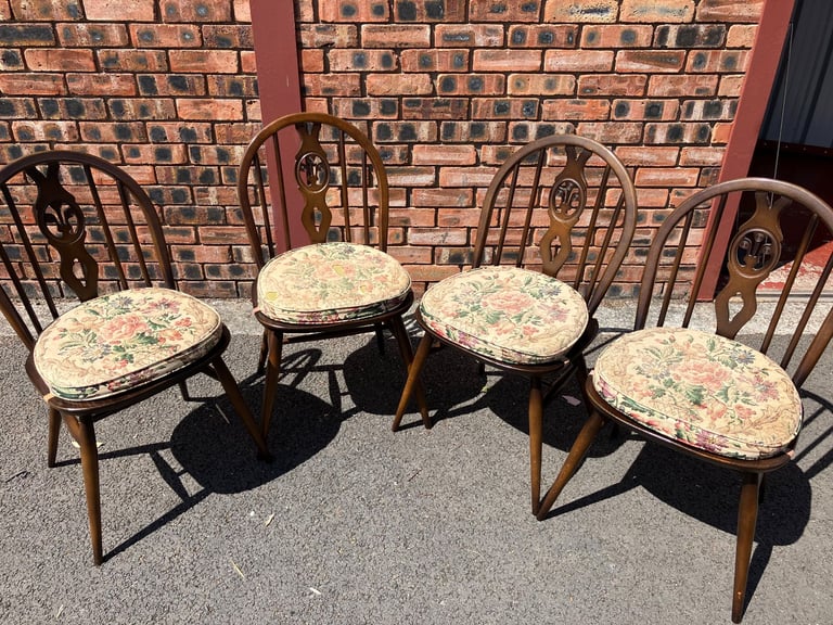 Four Vintage Retro Ercol  Fleur De Lys  Dining Chairs in Dark Oak