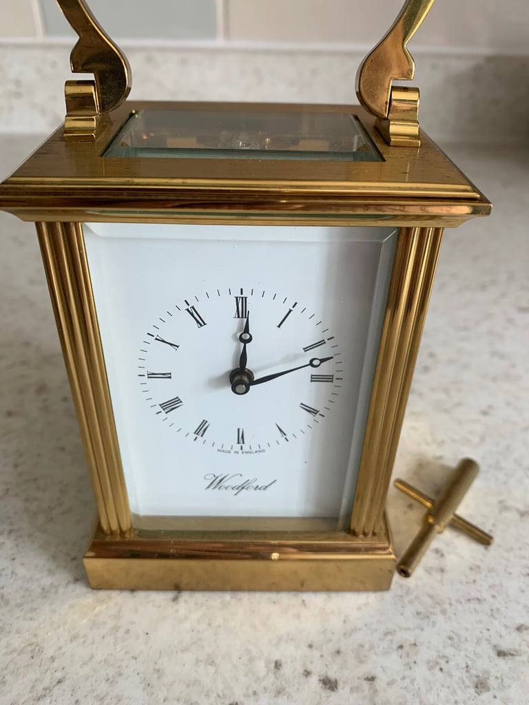 Vintage Woodford Solid Brass Wind Up Carriage Clock, made in England 7 Jewels