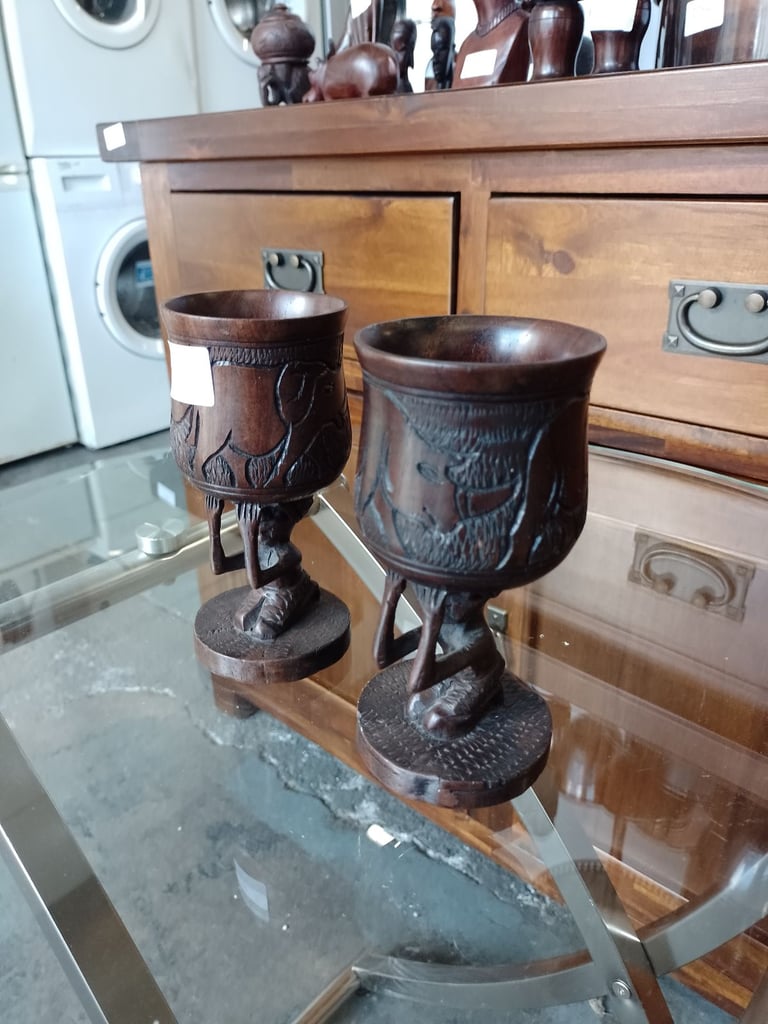 Pair of vintage hand carved wooden goblet, ref:18440 £20.00