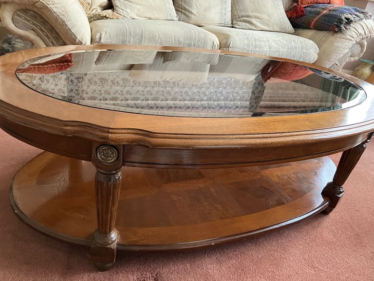 OVAL WALNUT COFFEE TABLE WITH GLASS TOP