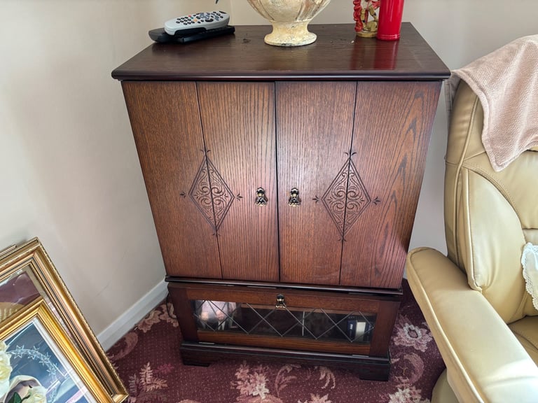 image for Solid oak tv stand stereo unit and corner display 