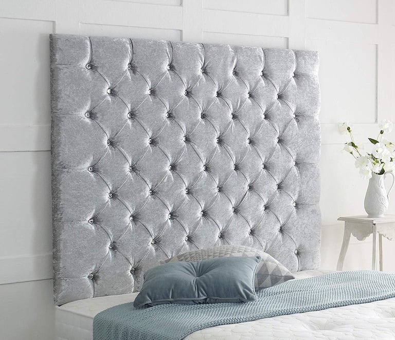 image for Silver Crushed Velvet 3FT Single 2 Drawer Divan Bed Base & chesterfields high 44” set 