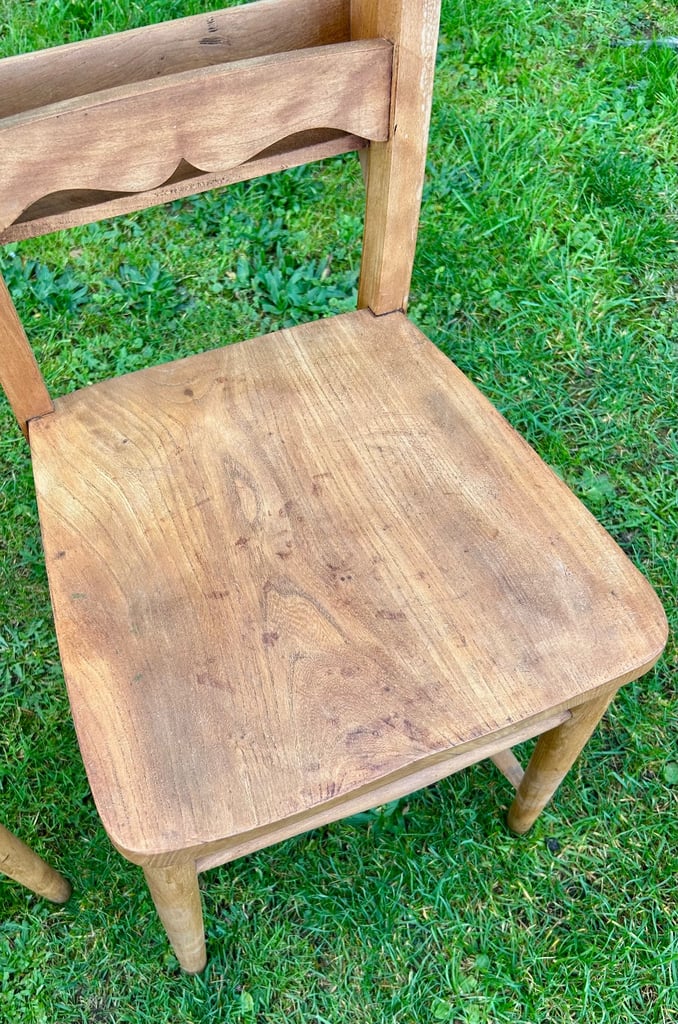 Pair of antique chapel church chairs vintage industrial retro kitchen oak dining old wooden wedding