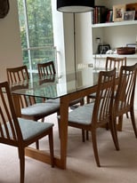 Heals modern wood and remembered glass dining table and chairs