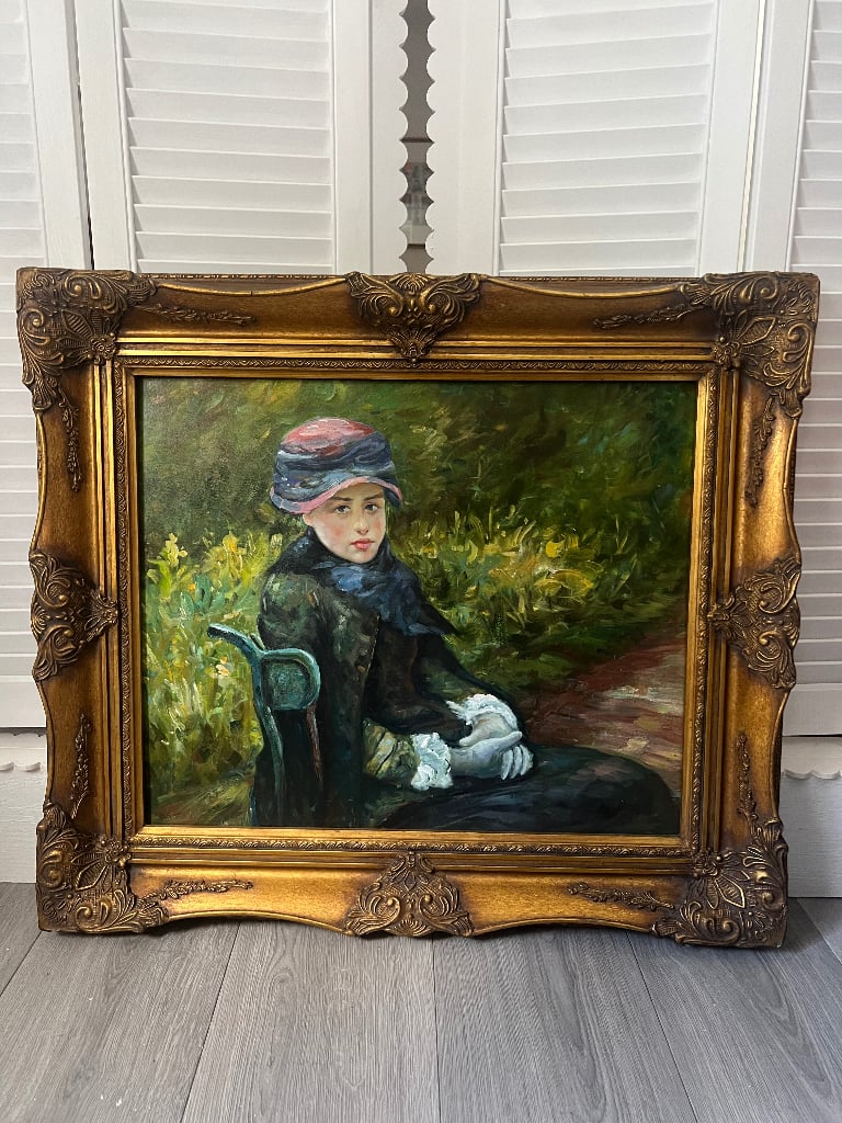 image for Oil canvas painting Susan Seated Outdoors Wearing a Purple Hat&quot; Mary Cassatt 1881 golden frame