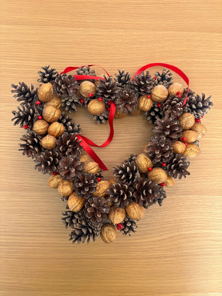 image for Handmade Heart Wreath Christmas Winter Autumn Festive Decorative Pine Cones, Gold Walnuts Red Ribbon
