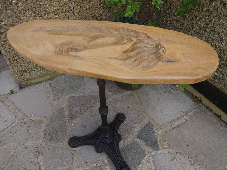 LIVE EDGE TABLE ~ CAST IRON PEDESTAL BASE WITH SLAB OF OAK TOP ~