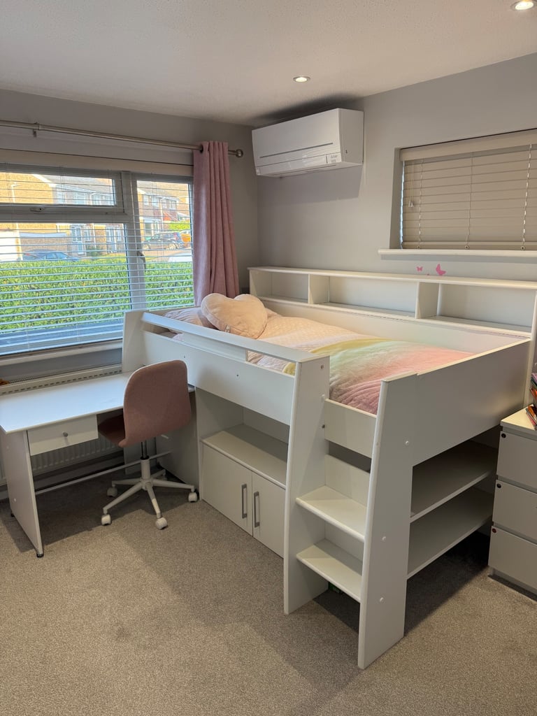 GLTC White kids mid height cabin bed and mattress 