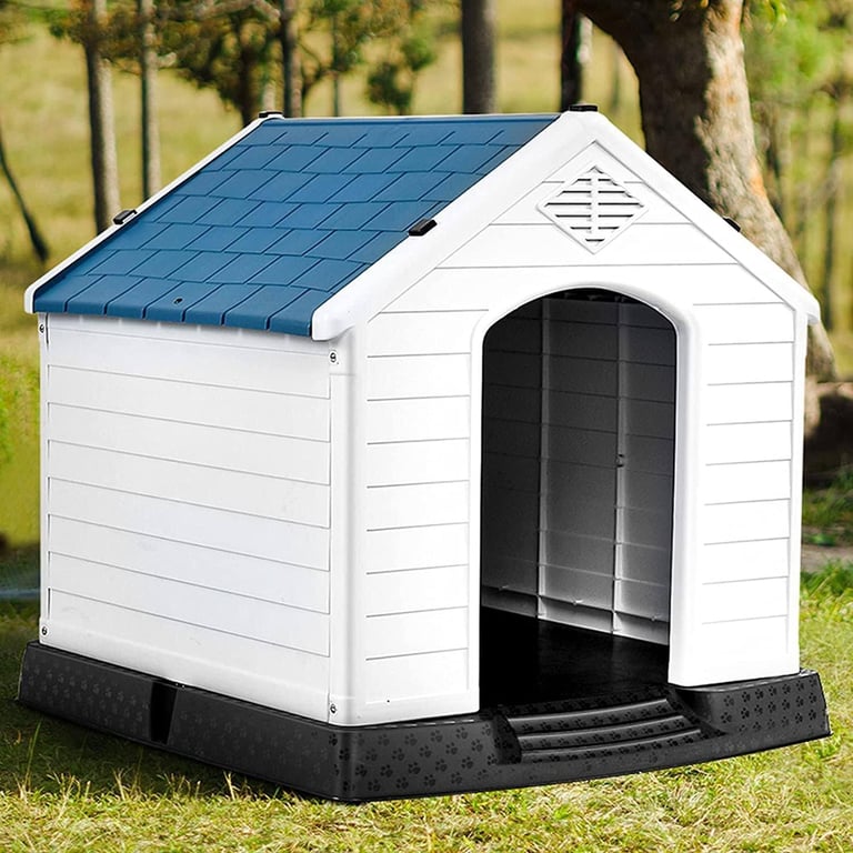 Large Dog Kennel House Durable Plastic Outdoor Indoor Blue White Shelter Pet Home