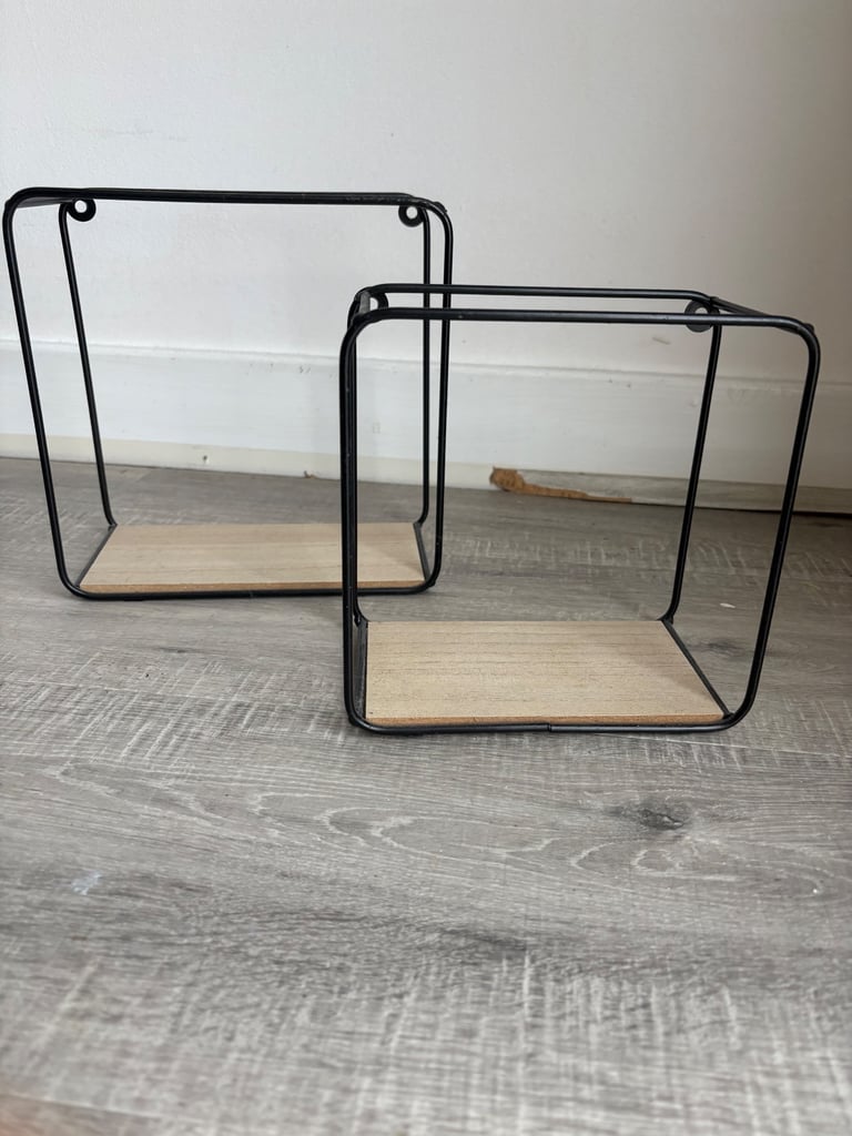 image for Display Wire Shelf - Set of 2 (small & Medium) Square - Black Metal Frame and Wood Effect
