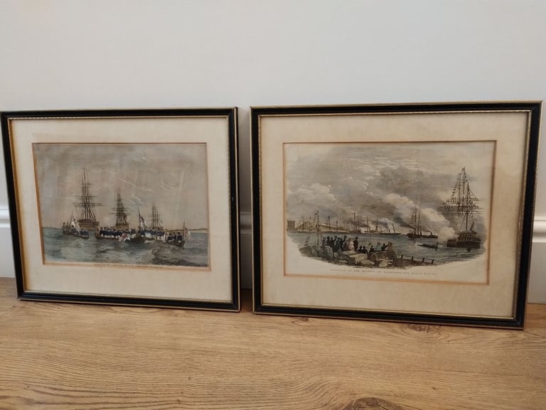 image for London illustrated news 1850's nautical prints 'Burial at sea ' 'The royal salute' very old.