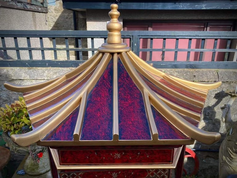 Tall (7ft) Chinese Oriental Style Red Lacquered Hexagonal Glazed Pagoda Display Cabinet