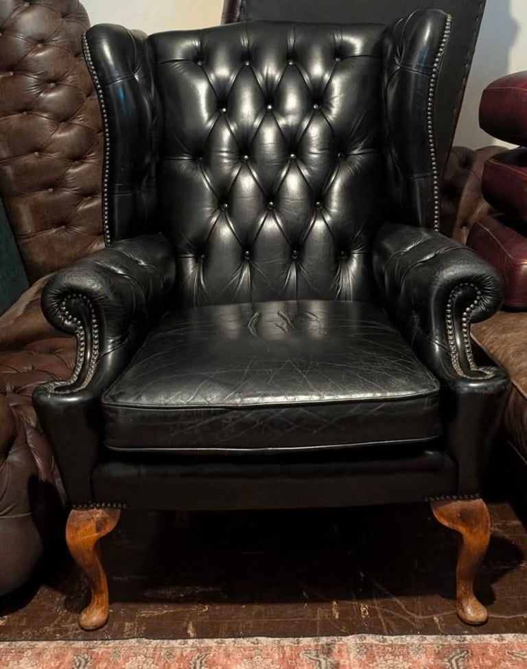 image for Stunning black vintage chesterfield queen 👑 Anne wingback armchair in excellent condition.