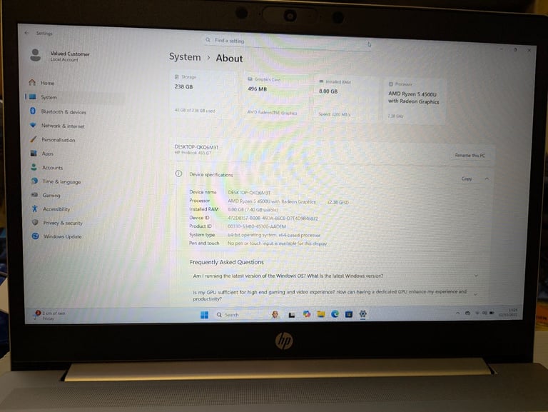 HP ProBook 455 G7 15.6" Laptop Ryzen 5 4500U 2.3GHz 8GB RAM 256GB SSD
