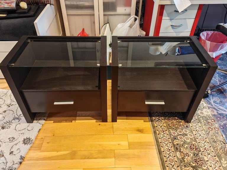 image for 2 Large Dark Brown Bedside Tables with Glass top, middle shelf and drawer FREE DELIVERY 070