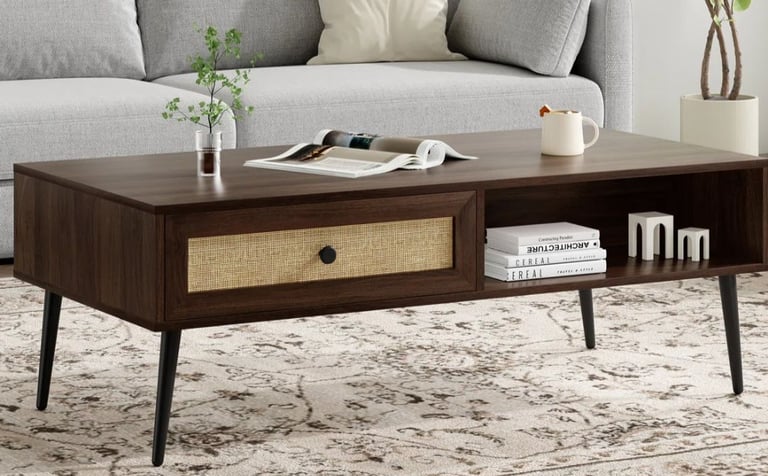 Brand new Walnut wooden coffee table with ratan drawer