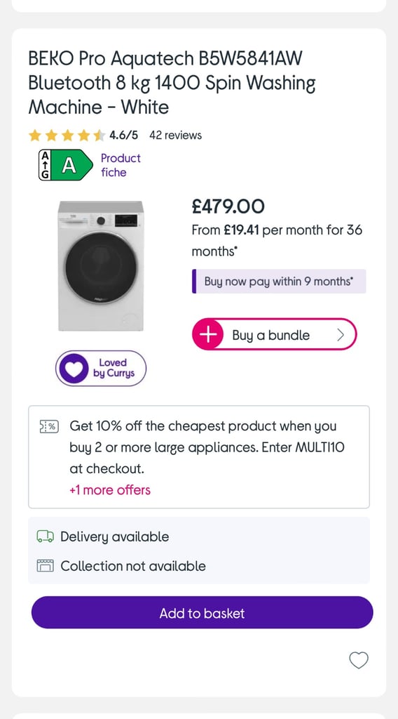 🤩SALE WEEK🤩RRP £479!! Beko Pro 8kg ‘Aquatech’ Washing Machine - White / Crome Trim 