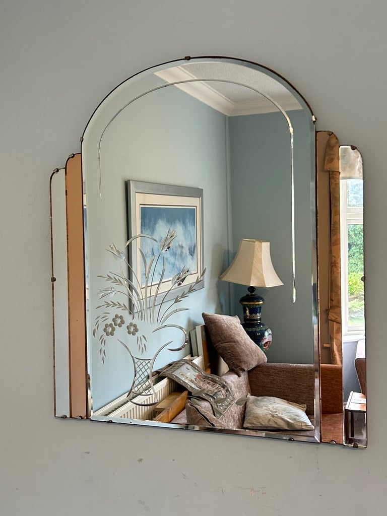 image for Vintage Art Deco Bevelled Mirror Etched Floral Design  H30in/77cm W26.5in/67cm Good condition  D241