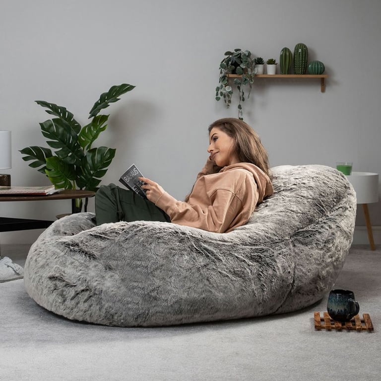 image for Icon Giant Faux Fur Dream Lounger Bean Bag, Arctic Wolf Grey (RRP £160)