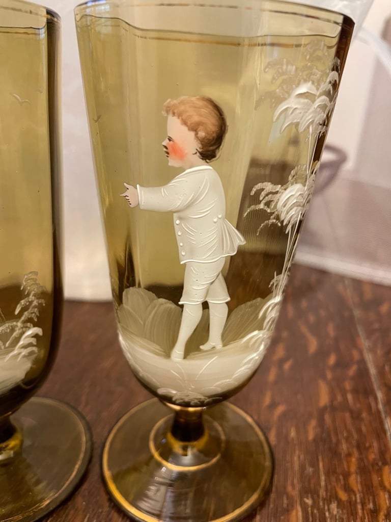 image for 2x ANTIQUE/VINTAGE/VICTORIAN/19th CENTURY AMBER & HANDPAINTED GLASS LOVE GOBLETS