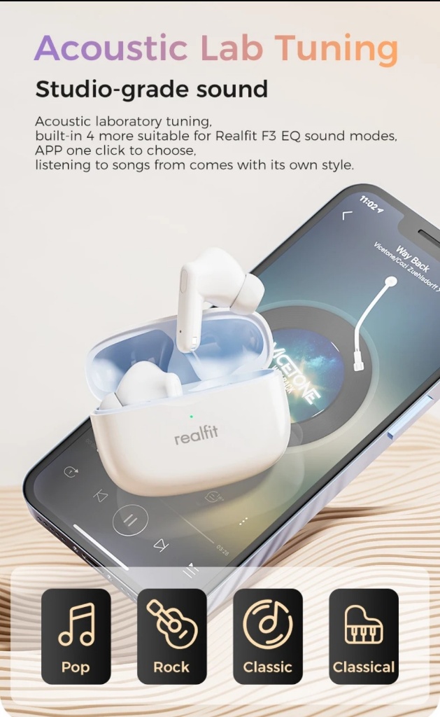 Realfit F3 ANC Active Noice Cancellation Bluetooth Earphones HIFI Stereo Wireless Earbuds 