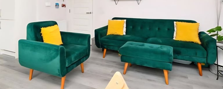 3 piece forest green click clack sofa armchair and footstool