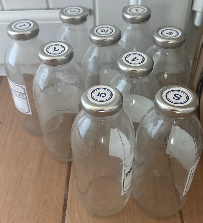 image for Set of 16 Numbered Clear Glass Bottles with Silver Lids