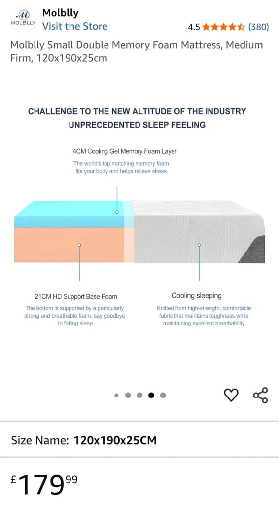 Molblly Double Memory Foam Mattress, Medium Firm, 120x190x25cm