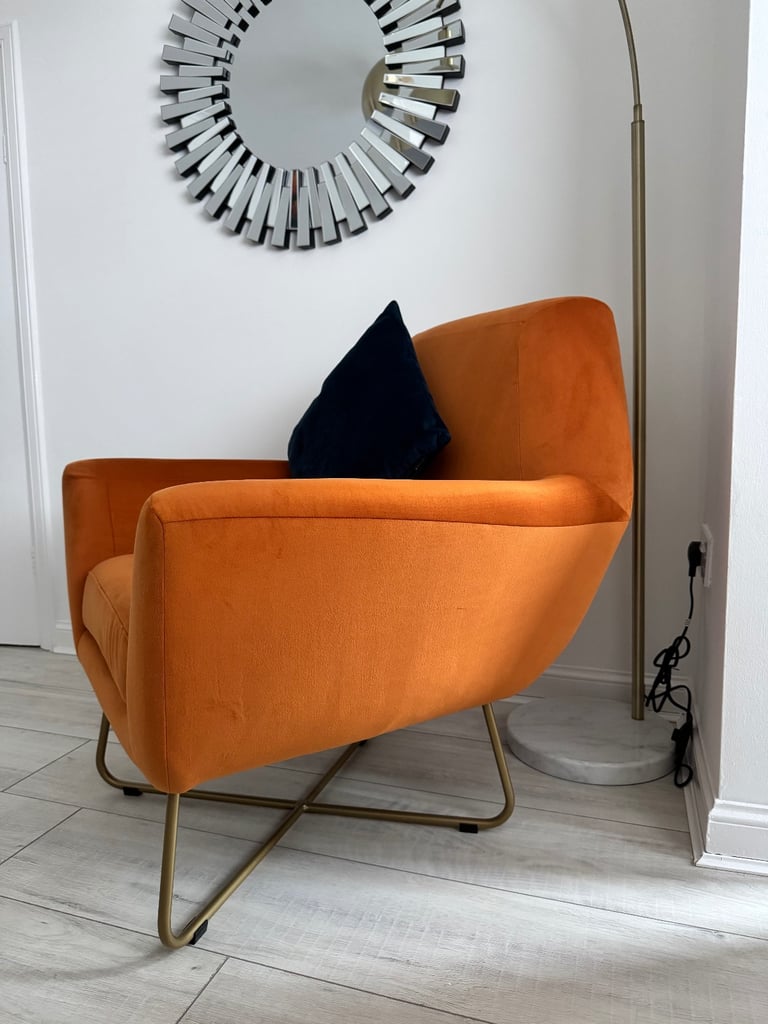Plush Velvet Dark Blue Pillow Back 3 Seater Sofa, Large Dark Blue Footstool and Orange Accent Chair