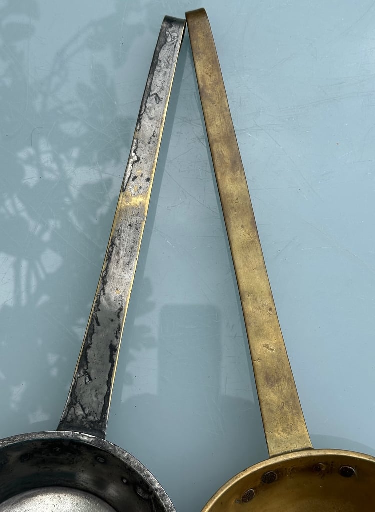 ANTIQUE FRENCH BRASS LADLES, HANGING DIPPERS, LOUCHES, L38cm - 1800s KITCHENALIA - WILL POST!