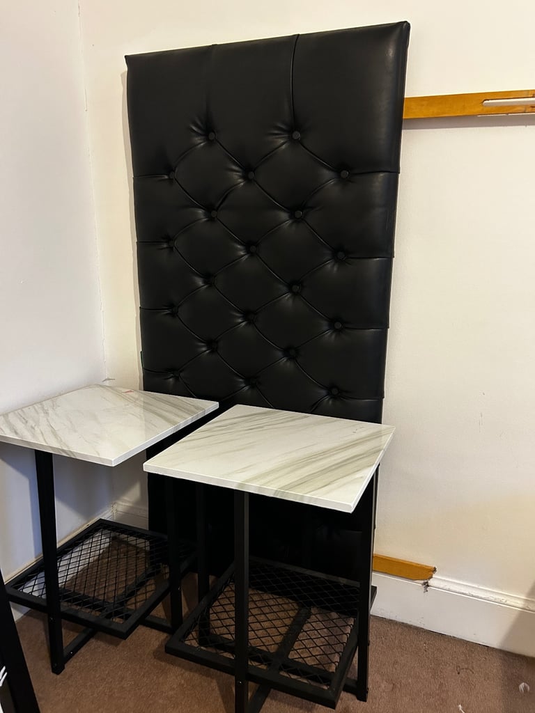 Pair of metal bedside tables & Leather headboard 
