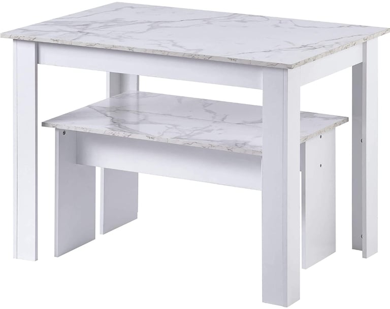New White Marble Dining Table Set with 2 Benches for Dining Room