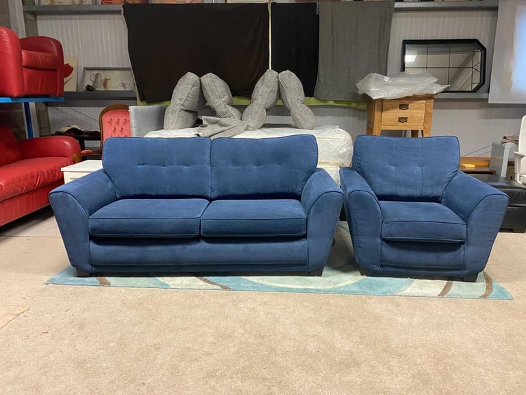 Blue Fabric 3 Seater Sofa and Chair excellent condition 